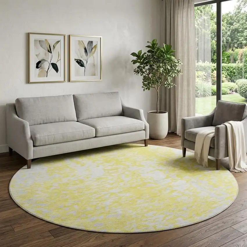 8' Yellow And Ivory Abstract Washable Round Rug With UV Protection Photo 1