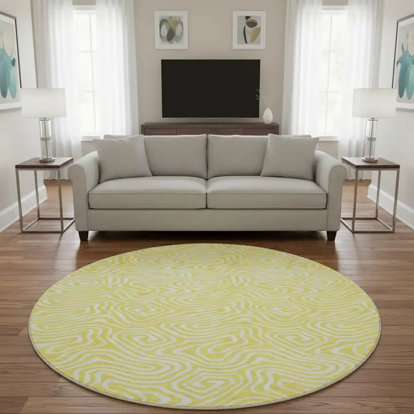 8' Yellow And Ivory Abstract Washable Round Rug With UV Protection Photo 2