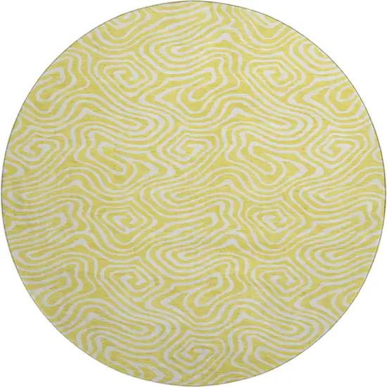 8' Yellow And Ivory Abstract Washable Round Rug With UV Protection Photo 1