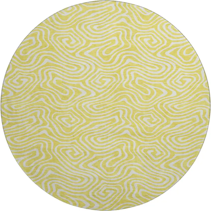 8' Yellow And Ivory Abstract Washable Round Rug With UV Protection Photo 1
