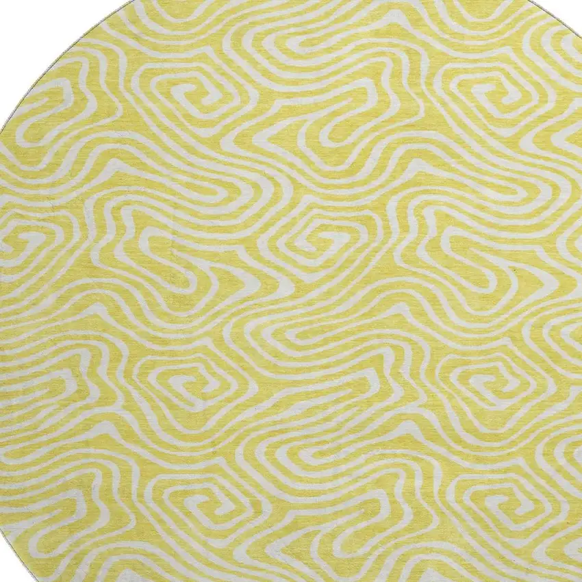 8' Yellow And Ivory Abstract Washable Round Rug With UV Protection Photo 2