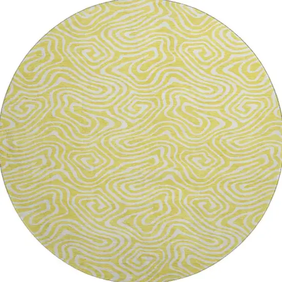 8' Yellow And Ivory Abstract Washable Round Rug With UV Protection Photo 3