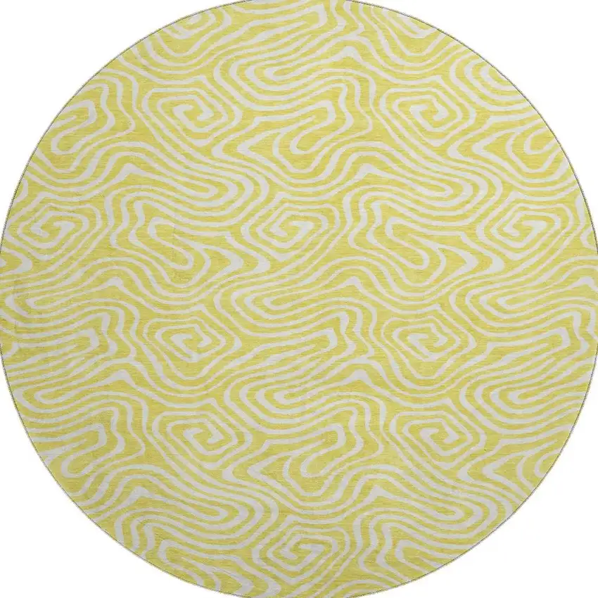 8' Yellow And Ivory Abstract Washable Round Rug With UV Protection Photo 3