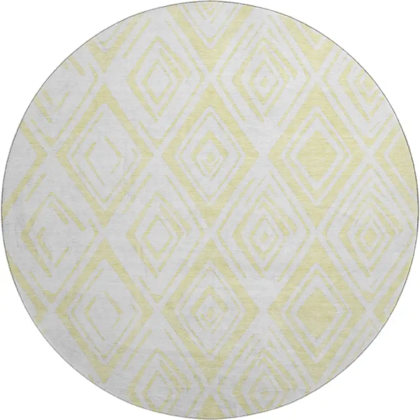 8' Yellow And Ivory Diamond Washable Round Rug With UV Protection Photo 1