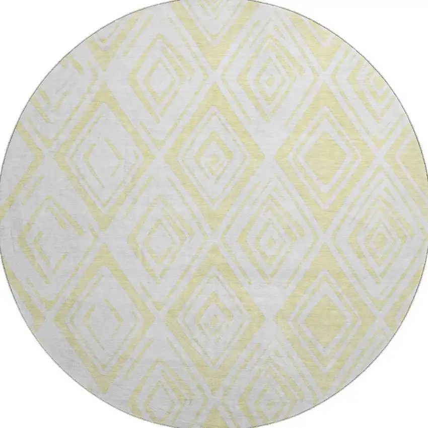 8' Yellow And Ivory Diamond Washable Round Rug With UV Protection Photo 4
