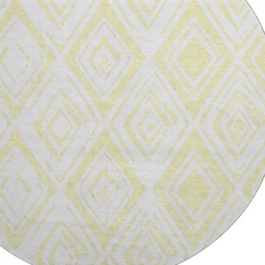 8' Yellow And Ivory Diamond Washable Round Rug With UV Protection Photo 3