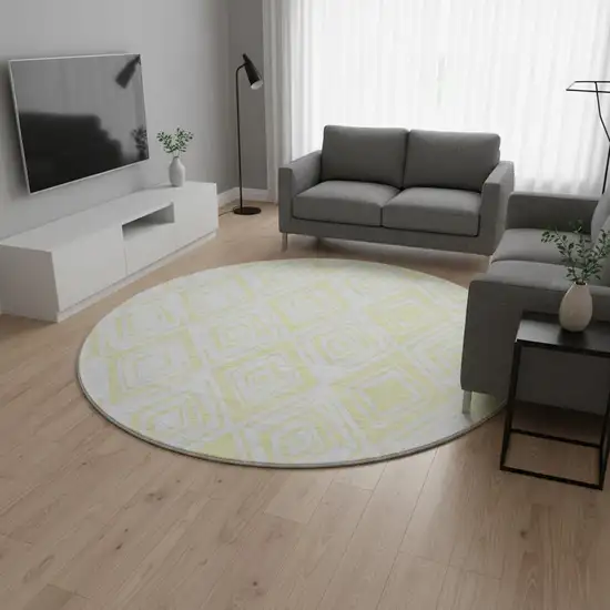 8' Yellow And Ivory Diamond Washable Round Rug With UV Protection Photo 2