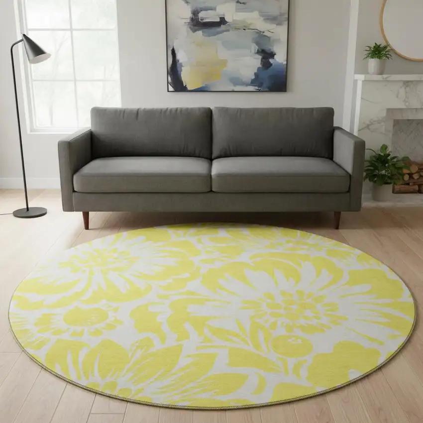 8' Yellow And Ivory Floral Washable Round Rug With UV Protection Photo 1