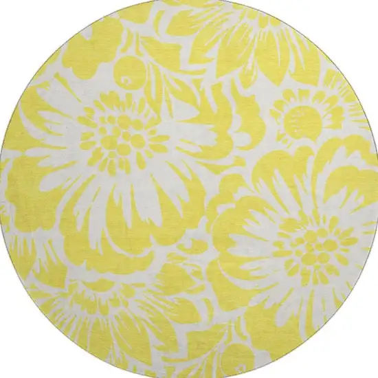 8' Yellow And Ivory Floral Washable Round Rug With UV Protection Photo 4