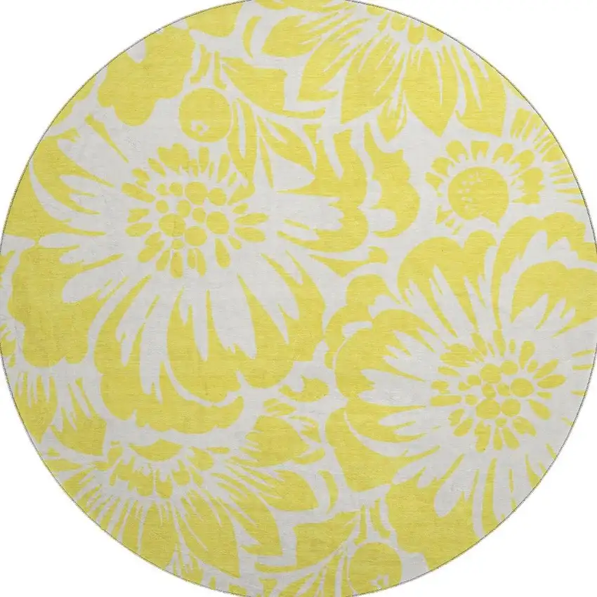 8' Yellow And Ivory Floral Washable Round Rug With UV Protection Photo 4