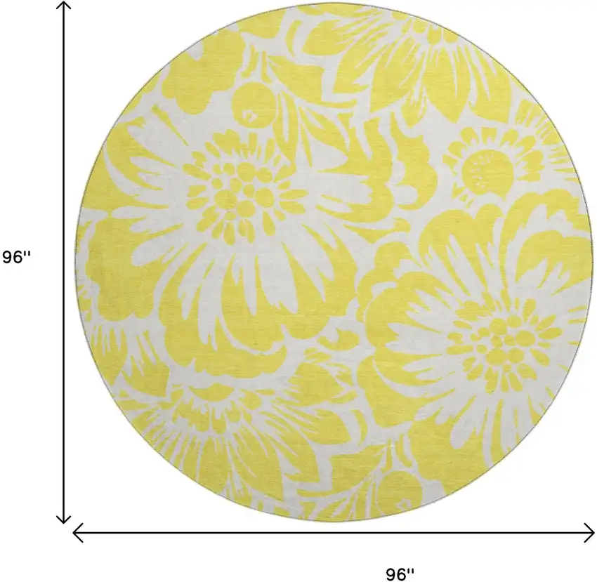 8' Yellow And Ivory Floral Washable Round Rug With UV Protection Photo 3