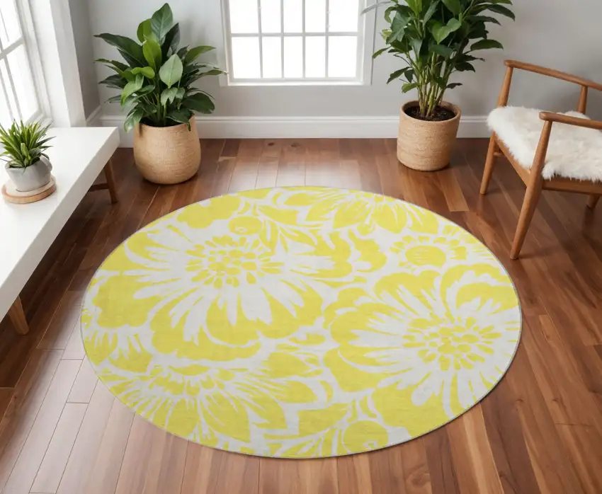 8' Yellow And Ivory Floral Washable Round Rug With UV Protection Photo 2