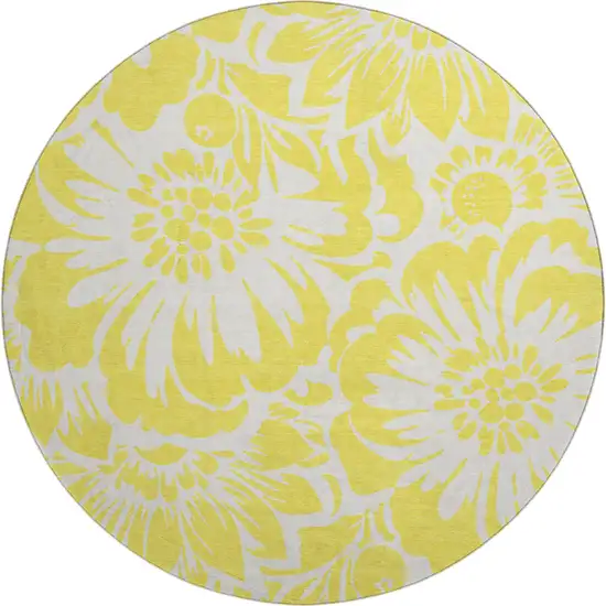 8' Yellow And Ivory Floral Washable Round Rug With UV Protection Photo 1