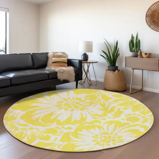 8' Yellow And Ivory Floral Washable Round Rug With UV Protection Photo 5