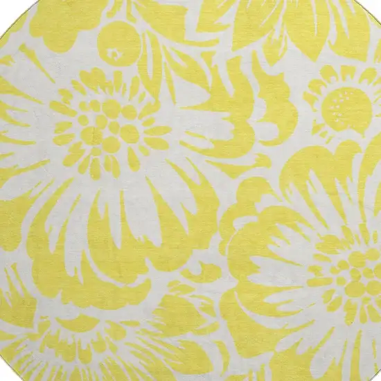 8' Yellow And Ivory Floral Washable Round Rug With UV Protection Photo 3