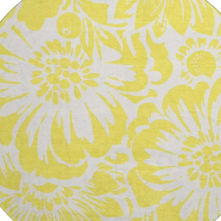 8' Yellow And Ivory Floral Washable Round Rug With UV Protection Photo 3