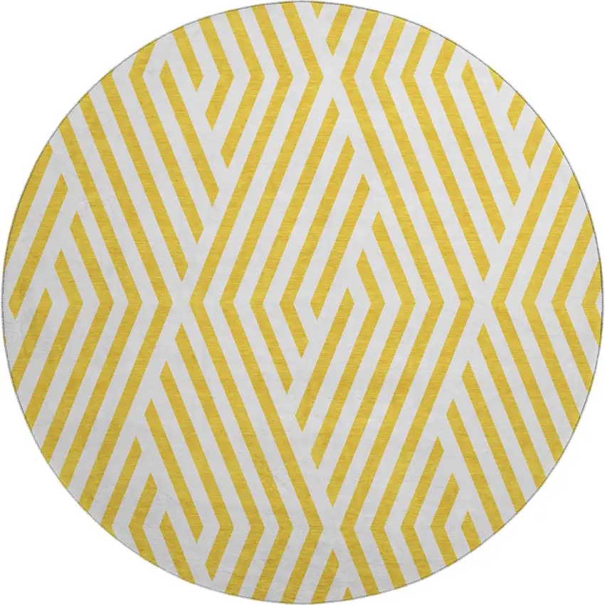 8' Yellow And Ivory Geometric Washable Round Rug With UV Protection Photo 1