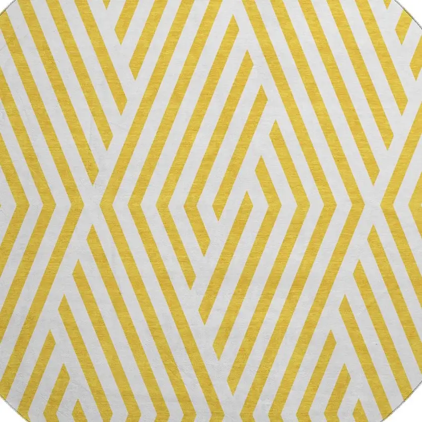 8' Yellow And Ivory Geometric Washable Round Rug With UV Protection Photo 3