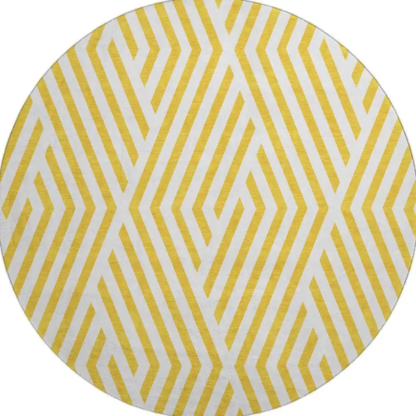 8' Yellow And Ivory Geometric Washable Round Rug With UV Protection Photo 4
