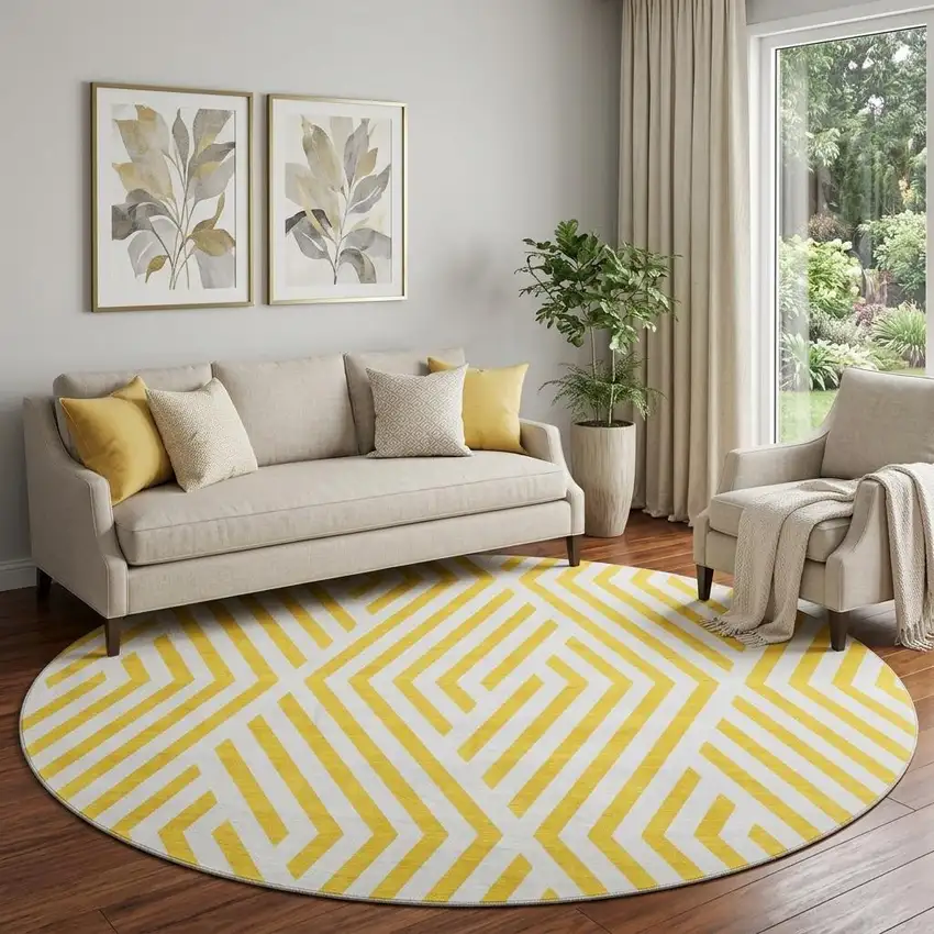 8' Yellow And Ivory Geometric Washable Round Rug With UV Protection Photo 1