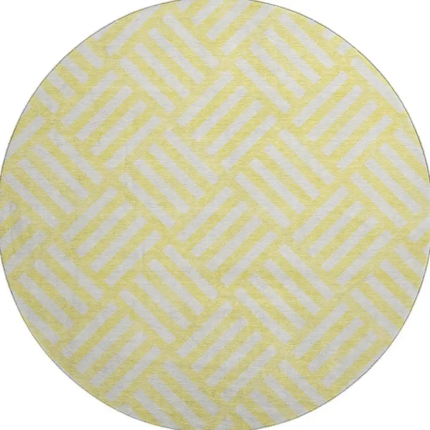 8' Yellow And Ivory Geometric Washable Round Rug With UV Protection Photo 4