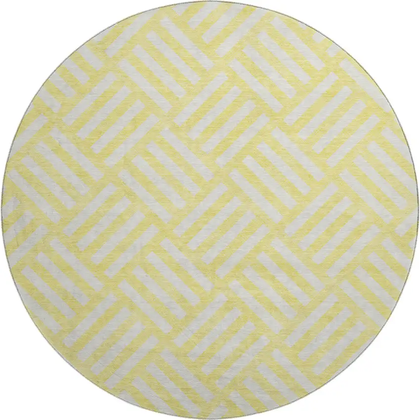 8' Yellow And Ivory Geometric Washable Round Rug With UV Protection Photo 1