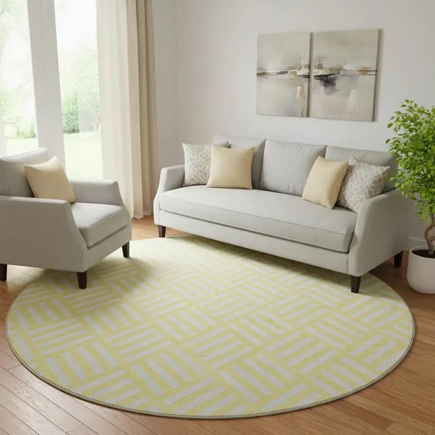 8' Yellow And Ivory Geometric Washable Round Rug With UV Protection Photo 1