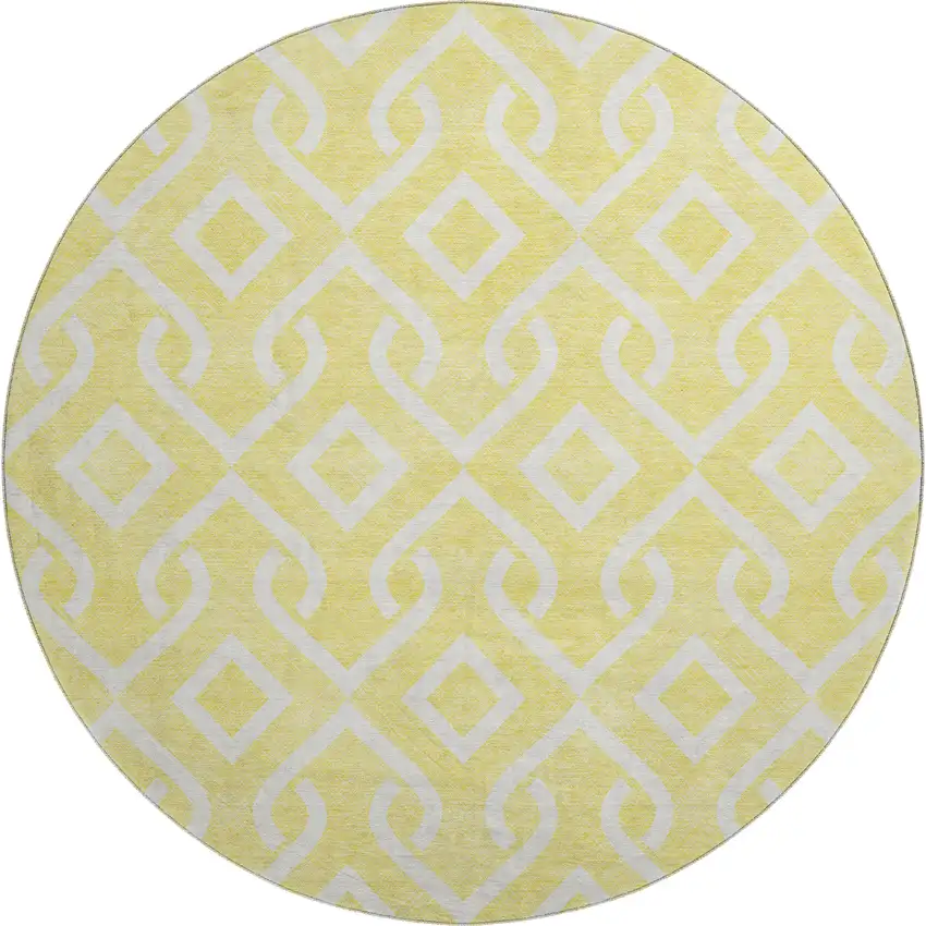 8' Yellow And Ivory Geometric Washable Round Rug With UV Protection Photo 1