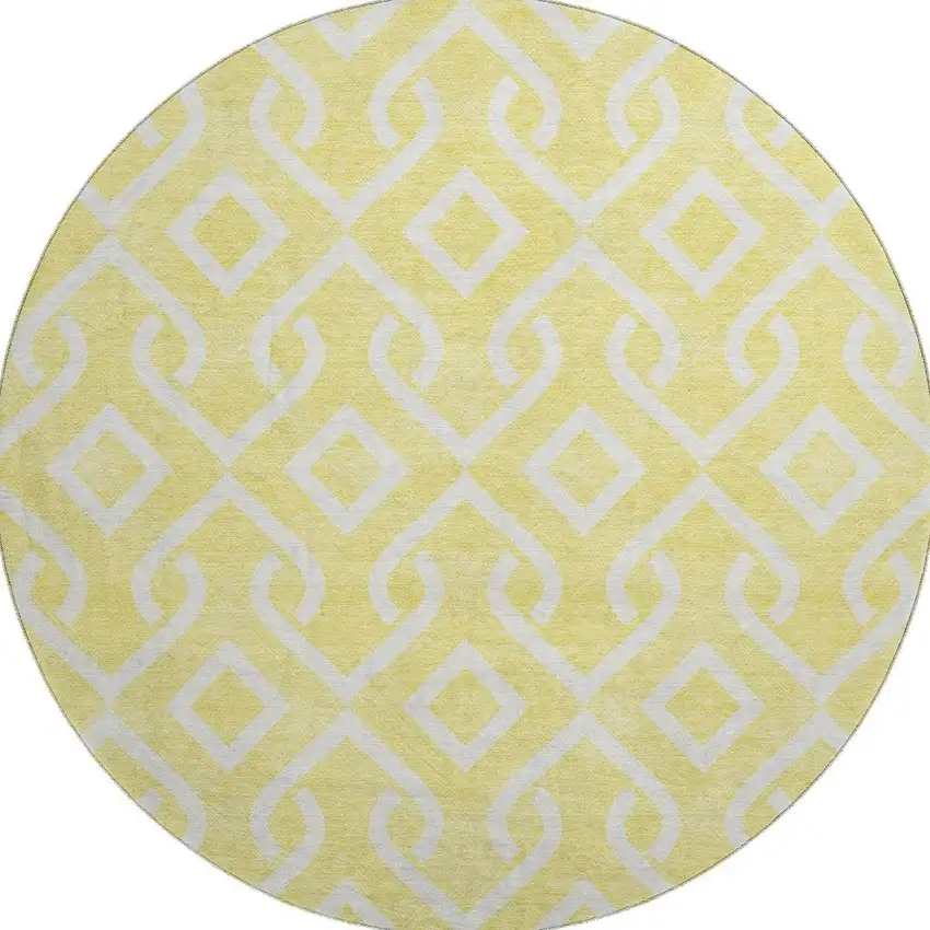 8' Yellow And Ivory Geometric Washable Round Rug With UV Protection Photo 4