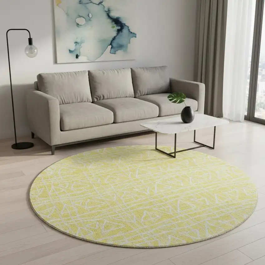 8' Yellow And Ivory Geometric Washable Round Rug With UV Protection Photo 2