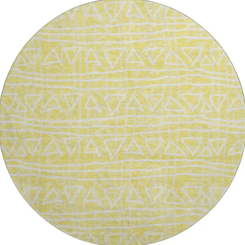 8' Yellow And Ivory Geometric Washable Round Rug With UV Protection Photo 4