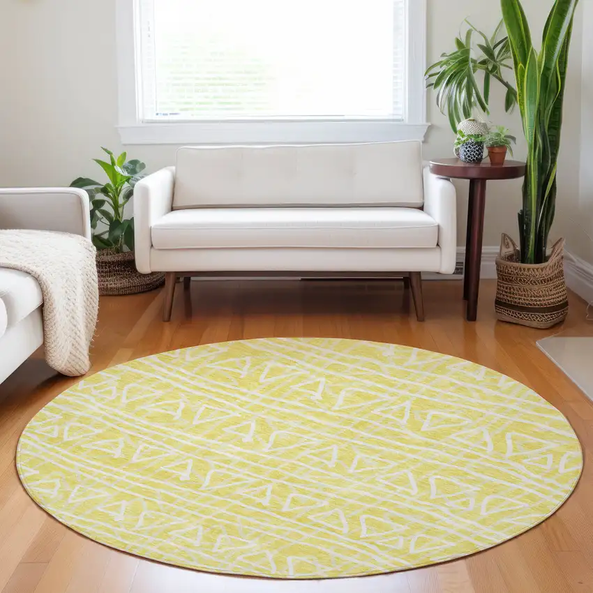 8' Yellow And Ivory Geometric Washable Round Rug With UV Protection Photo 5