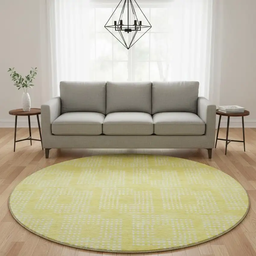 8' Yellow And Ivory Geometric Washable Round Rug With UV Protection Photo 2