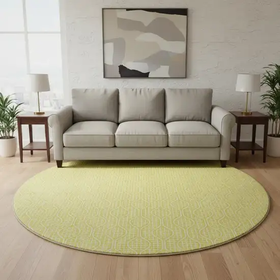 8' Yellow And Ivory Geometric Washable Round Rug With UV Protection Photo 2