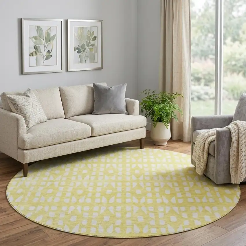 8' Yellow And Ivory Geometric Washable Round Rug With UV Protection Photo 1