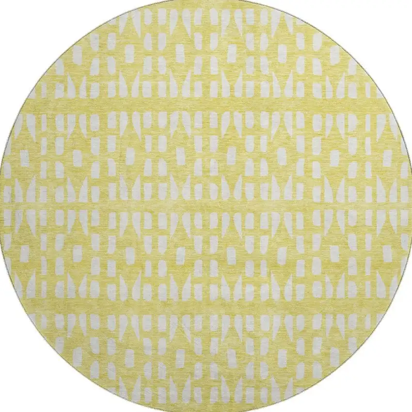 8' Yellow And Ivory Geometric Washable Round Rug With UV Protection Photo 3