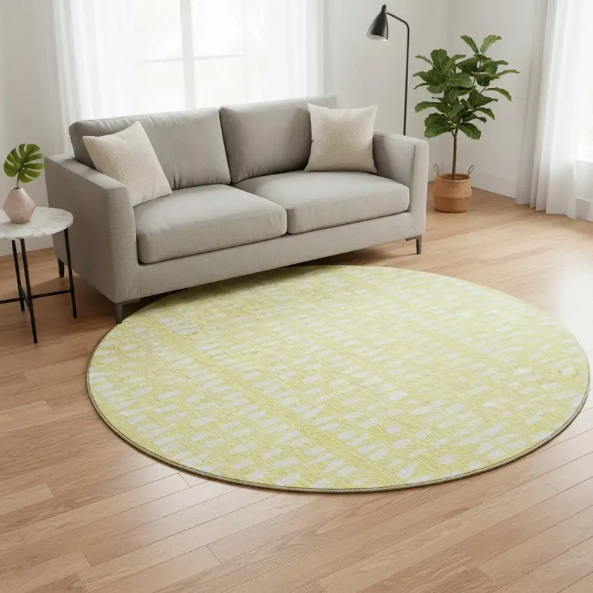 8' Yellow And Ivory Geometric Washable Round Rug With UV Protection Photo 2
