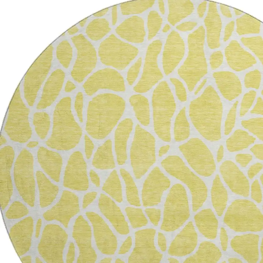 8' Yellow And Ivory Geometric Washable Round Rug With UV Protection Photo 2