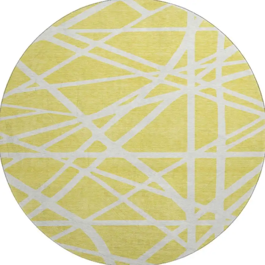8' Yellow And Ivory Geometric Washable Round Rug With UV Protection Photo 2