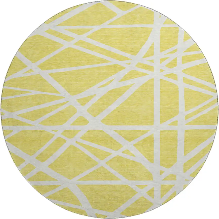 8' Yellow And Ivory Geometric Washable Round Rug With UV Protection Photo 1