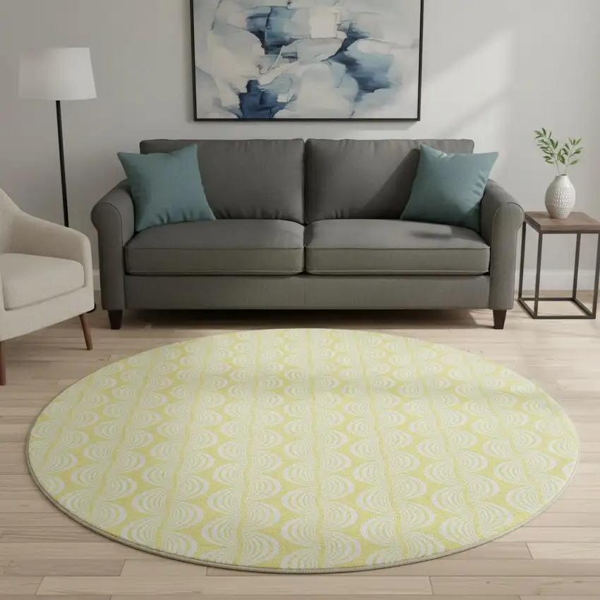 8' Yellow And Ivory Ogee Washable Round Rug With UV Protection Photo 2