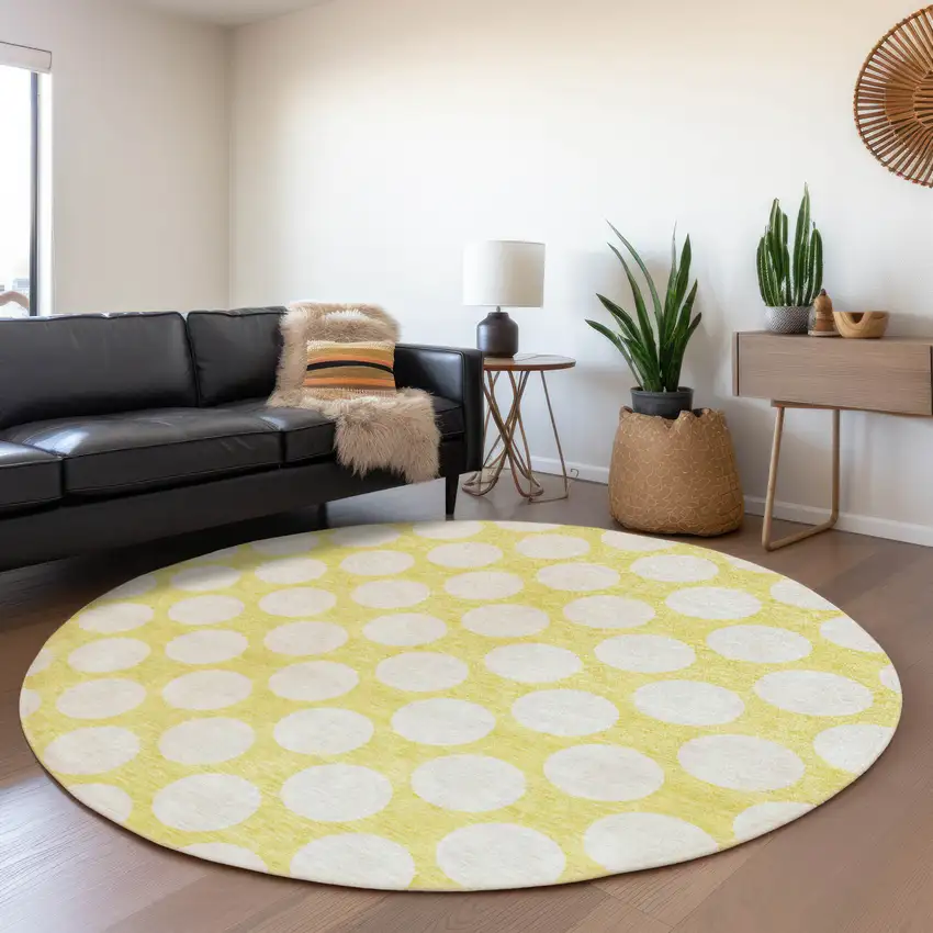 8' Yellow And Ivory Polka Dot Washable Round Rug With UV Protection Photo 5