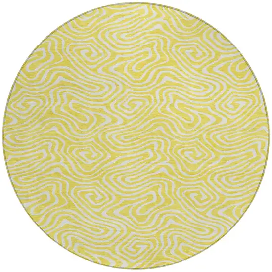 8' Yellow And Ivory Round Abstract Washable Indoor Outdoor Area Rug Photo 6