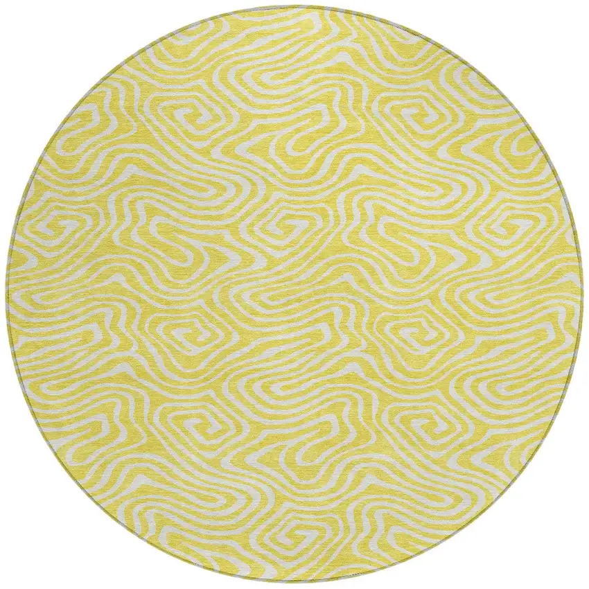 8' Yellow And Ivory Round Abstract Washable Indoor Outdoor Area Rug Photo 6