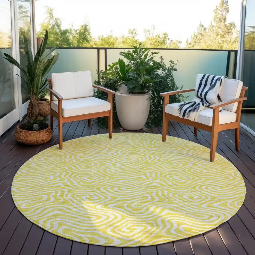 8' Yellow And Ivory Round Abstract Washable Indoor Outdoor Area Rug Photo 7