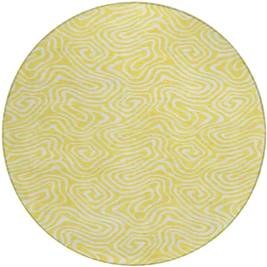 8' Yellow And Ivory Round Abstract Washable Indoor Outdoor Area Rug Photo 2