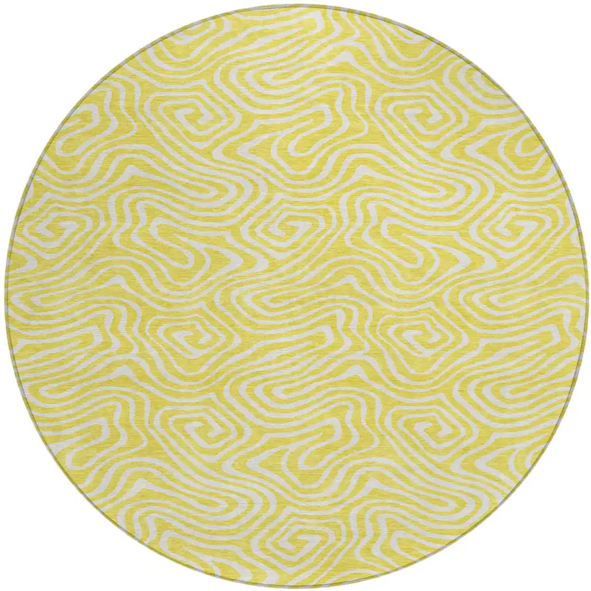 8' Yellow And Ivory Round Abstract Washable Indoor Outdoor Area Rug Photo 2