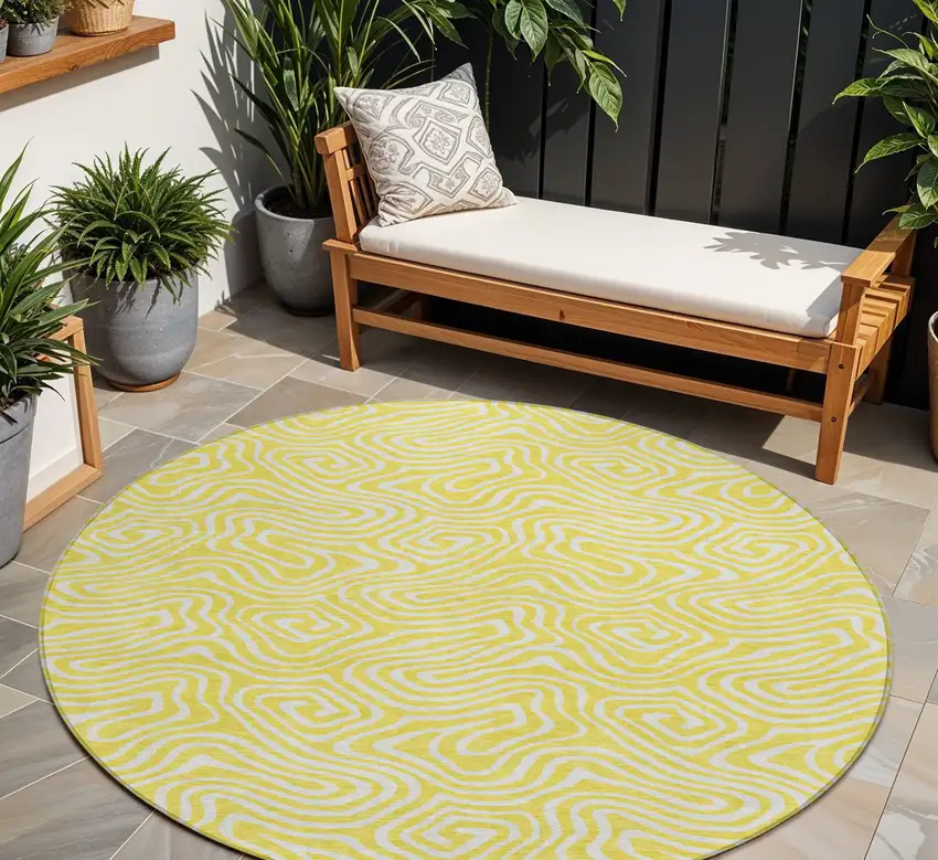 8' Yellow And Ivory Round Abstract Washable Indoor Outdoor Area Rug Photo 1