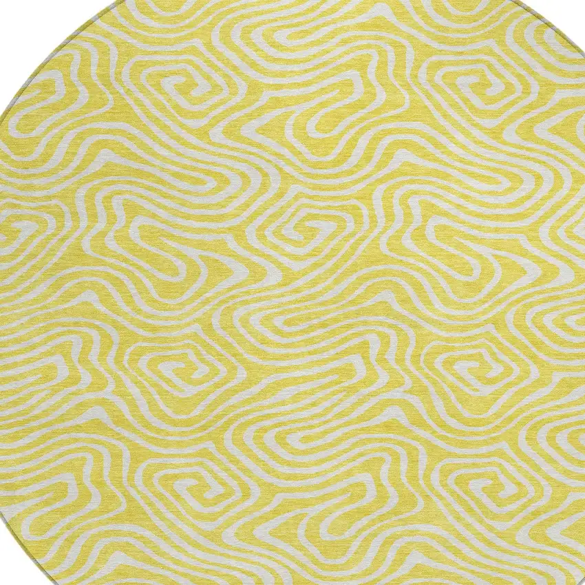 8' Yellow And Ivory Round Abstract Washable Indoor Outdoor Area Rug Photo 5