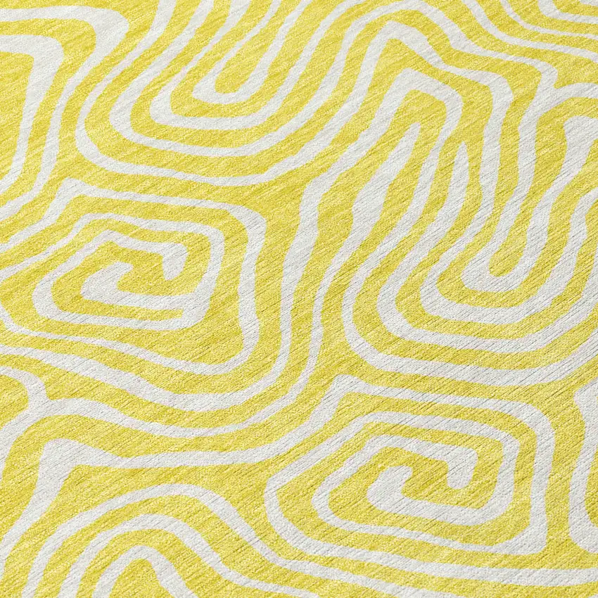 8' Yellow And Ivory Round Abstract Washable Indoor Outdoor Area Rug Photo 4